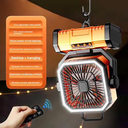 3-in-1 Camping Fan with LED Light & Power Bank — Rechargeable