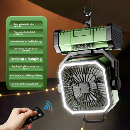 3-in-1 Camping Fan with LED Light & Power Bank — Rechargeable
